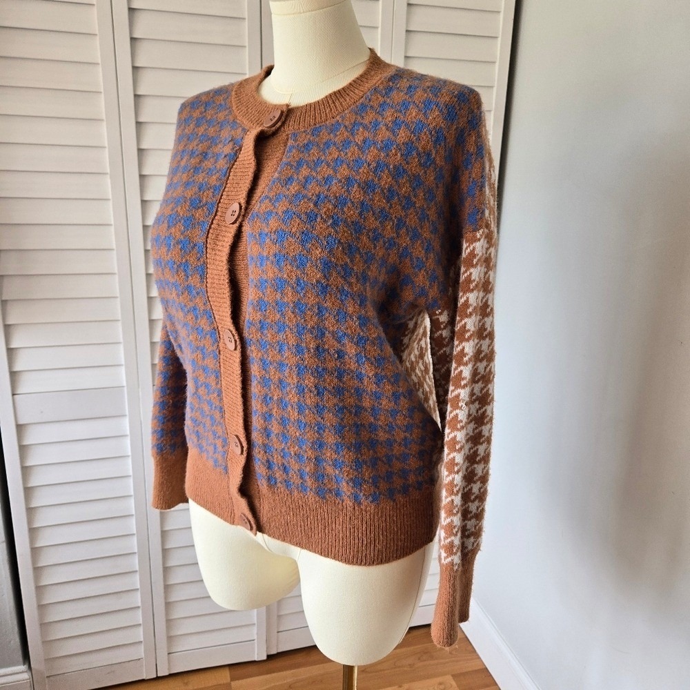 Brown & Blue Mixed Houndstooth Knit Cardigan Size L Cozy Soft Preppy Retro Fall - Picture 3 of 9